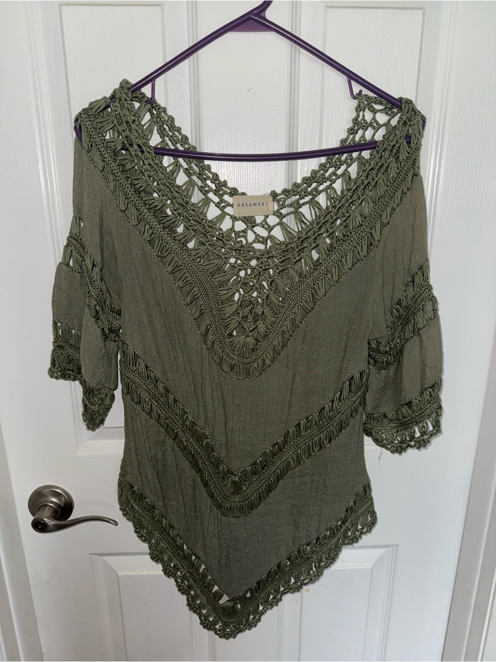 Dreamers Olive Crochet-Trim Boho Tunic Top